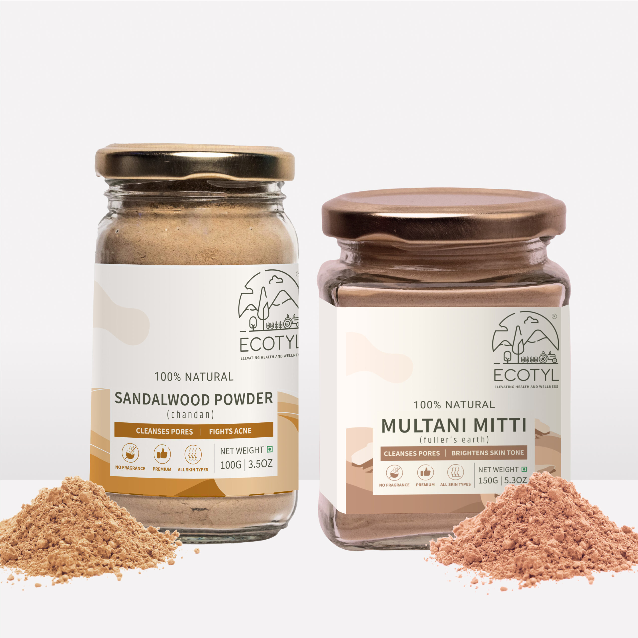 Ecotyl Face Pack Combo – Sandalwood Powder and Multani Mitti | Duo for Skin Brightening and Glow | – 100g + 150g